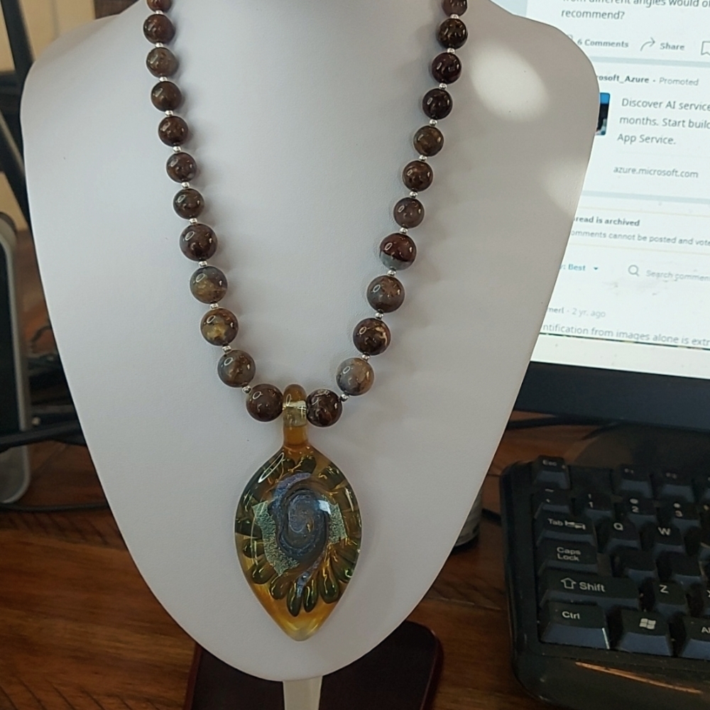 Stunning polished Jasper, Sterling, and Murano glass pendant necklace
